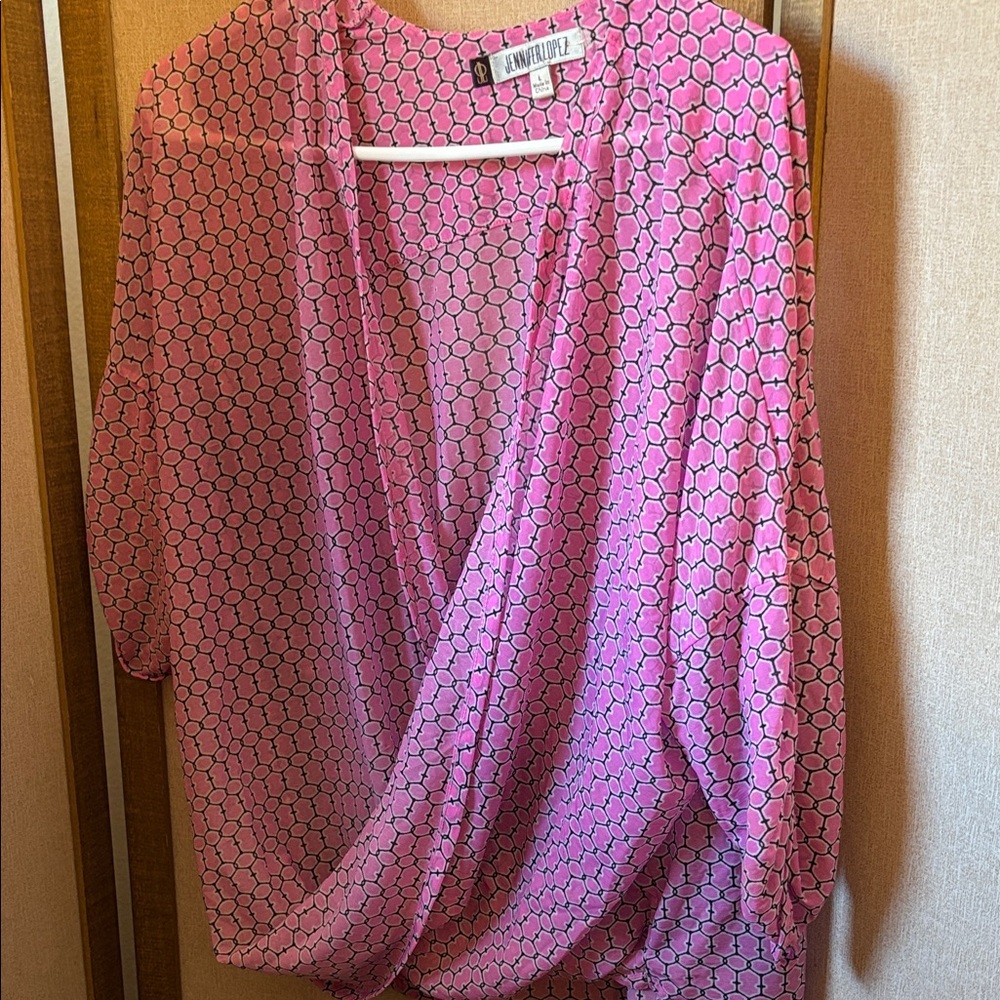 Jennifer Lopez Pink and Black Patterned Blouse Large